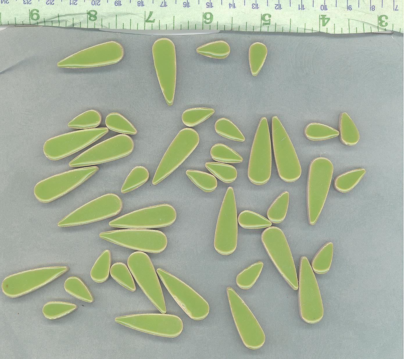 Kiwi Green Teardrop Mosaic Tiles - 50g Ceramic Drops in Mix of 2 Sizes 1/2" and 3/5"