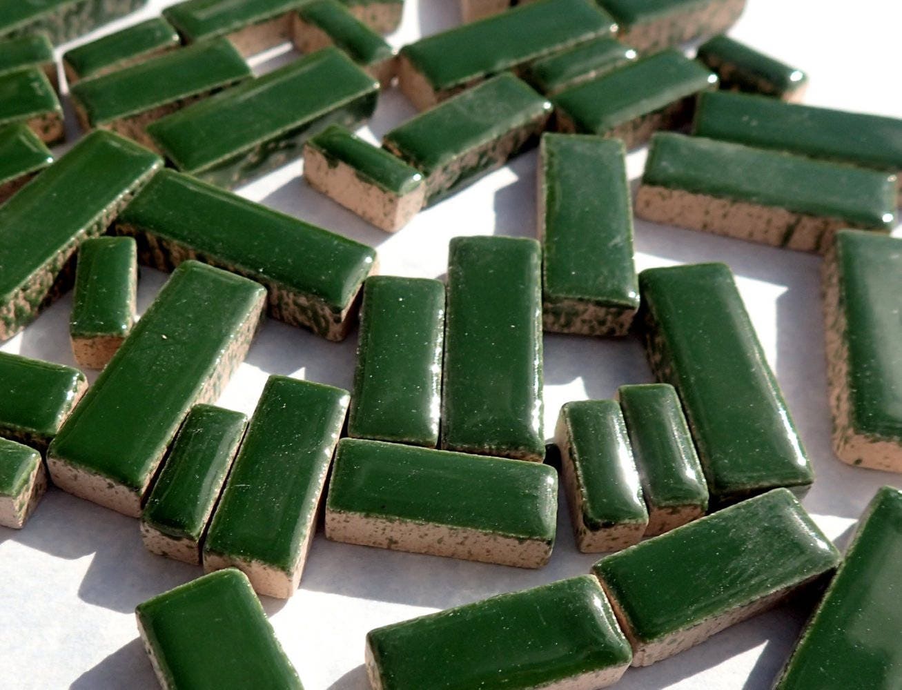 Deep Green Mini Rectangles Mosaic Tiles - 50g Ceramic in Mix of 3 Sizes 1/2" and 3/4" in Pesto