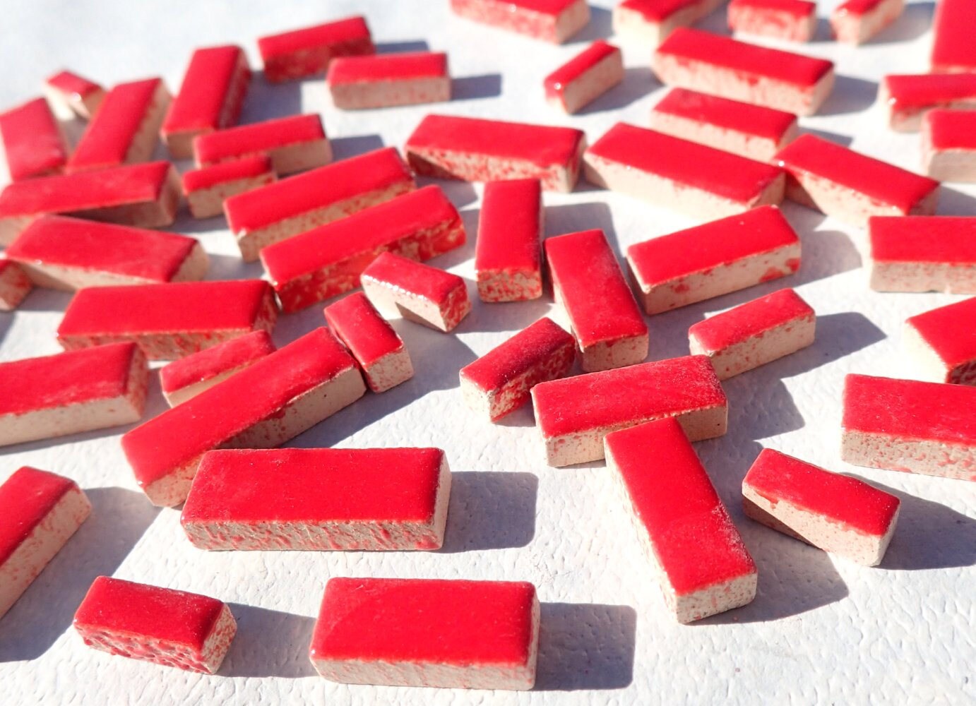 Bright Red Mini Rectangles Mosaic Tiles - 50g Ceramic in Mix of 3 Sizes 3/8" and 5/8" and 3/4"