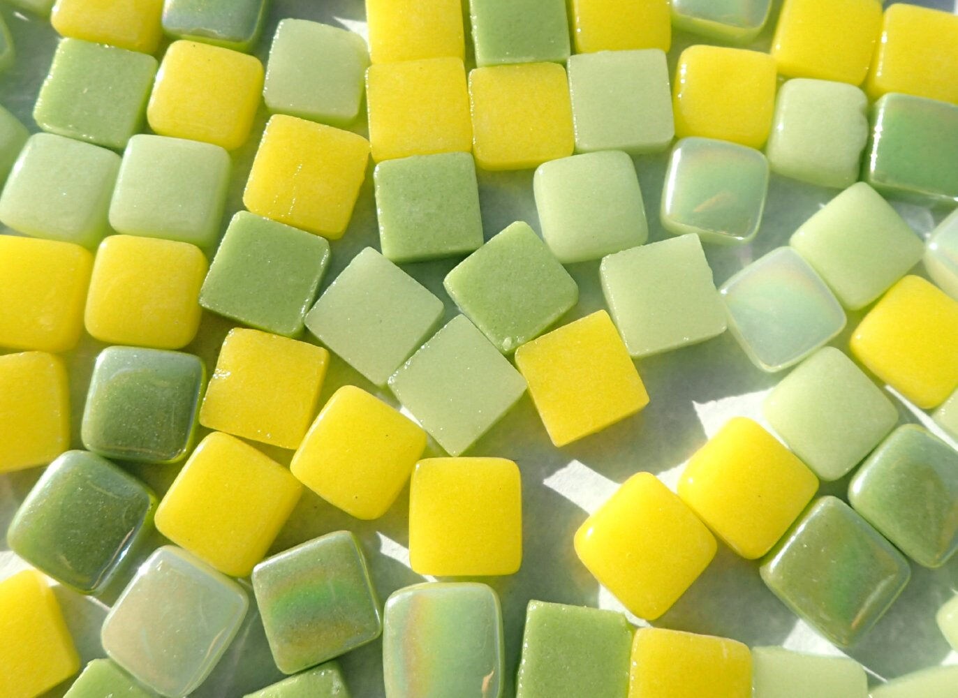 Lemon Lime Mix Mini Glass Tiles - 8mm Square - 50 grams Opaque Glass Solid Color Mix of Green and Yellow Iridescent and Matte Tiles