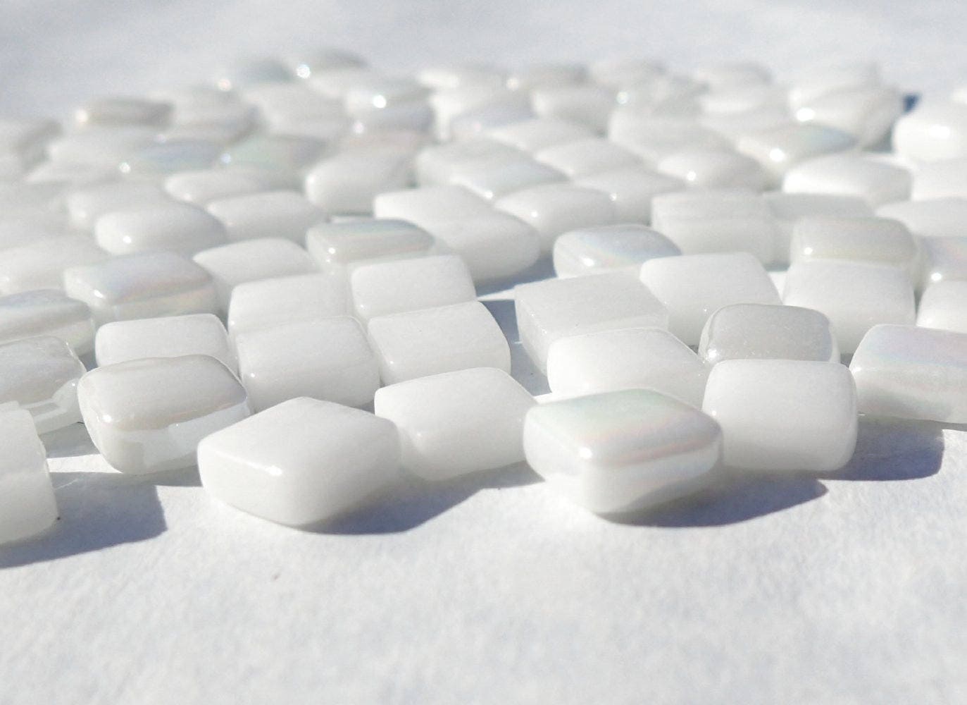 White Mini Glass Tiles - 8mm Square - 50 grams Opaque Glass Solid Color Mix of Glossy Iridescent and Matte Tiles