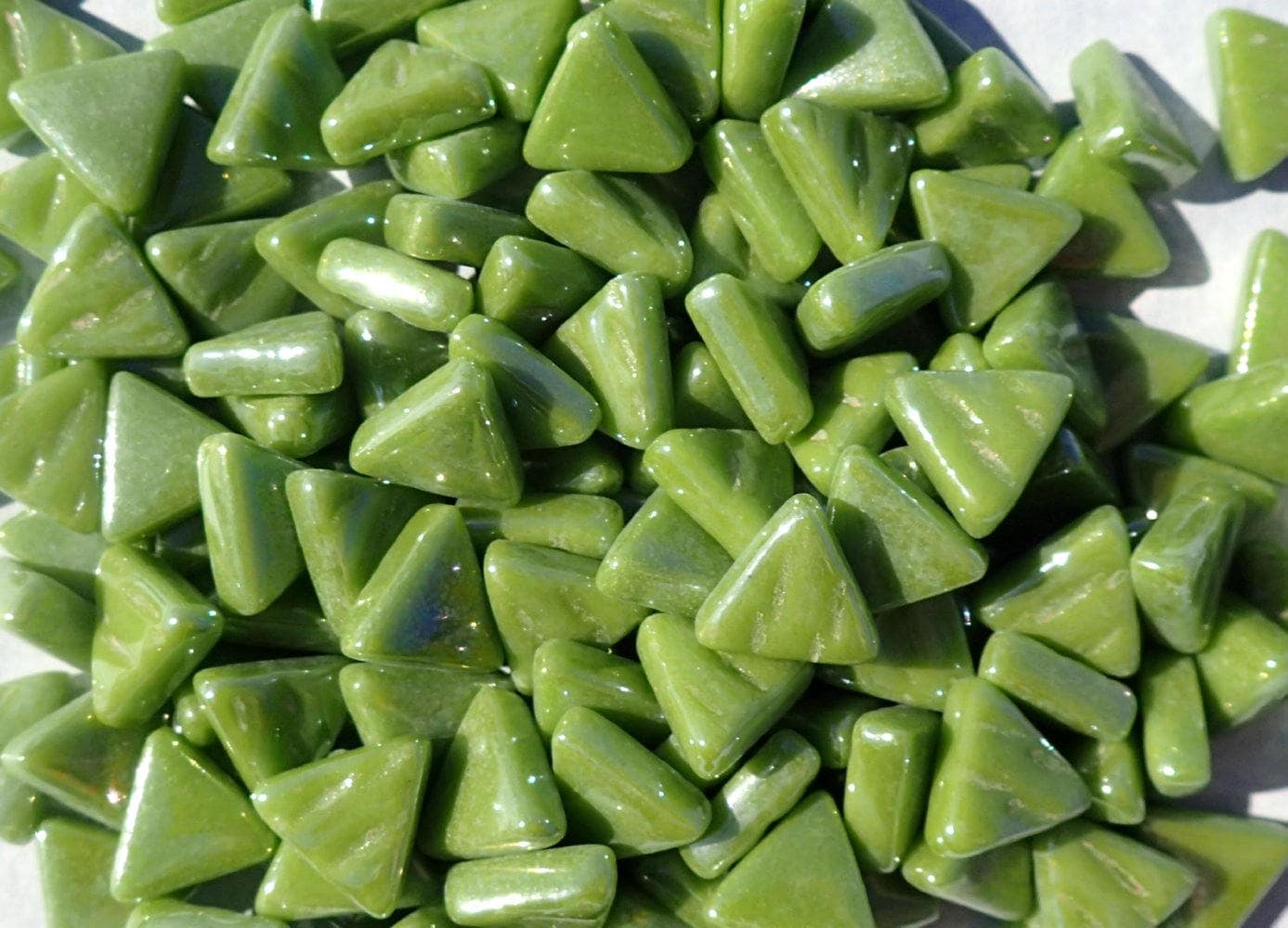 Green Small Triangle Iridescent Glass Mosaic Tiles - 10mm - Opaque Glass Solid Color - 50g in Grass Green - Approx 70 Tiles