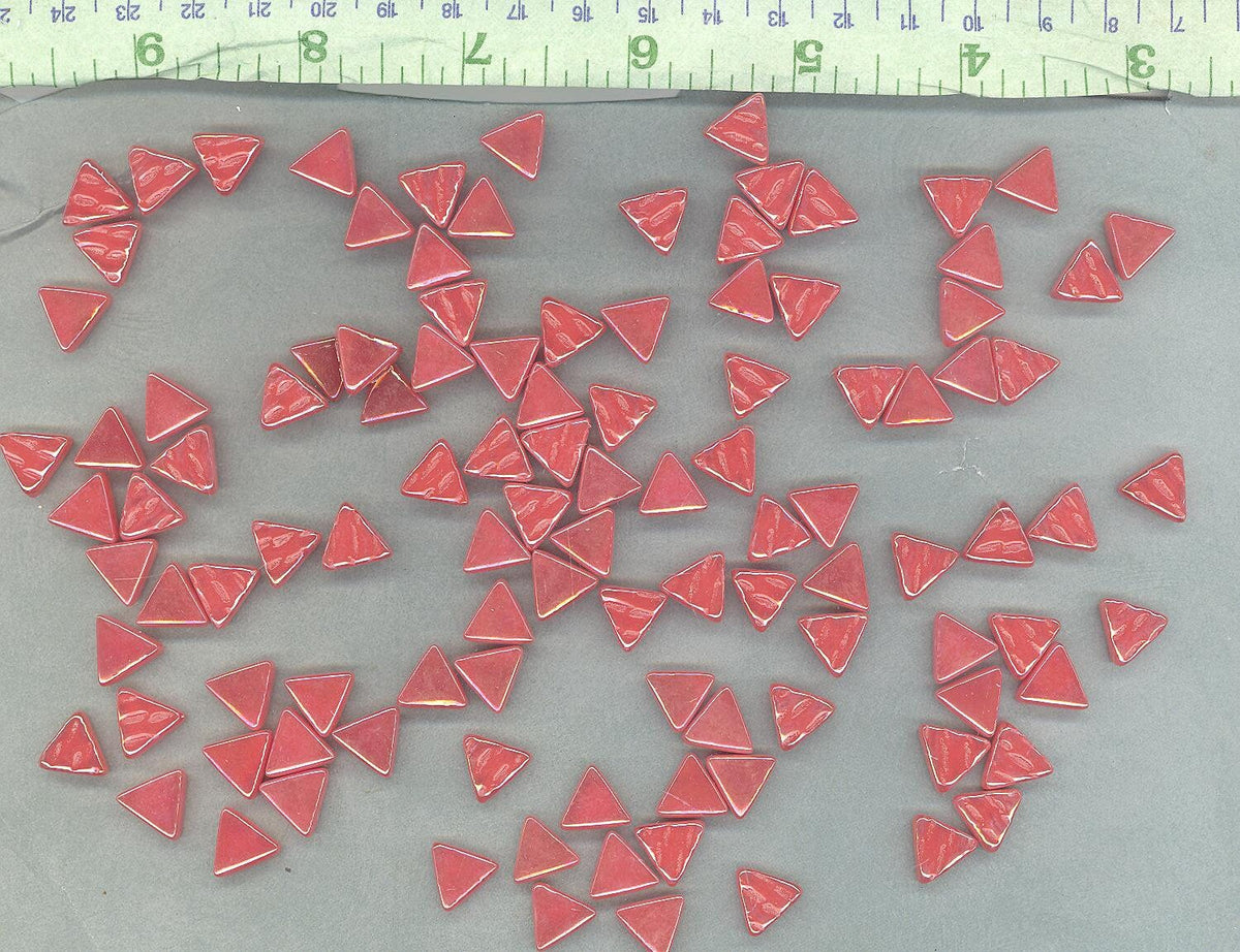 Small Red Triangle Iridescent Glass Mosaic Tiles - 10mm - 50g of Watermelon in Pearl Finish - Approx 80 Pieces