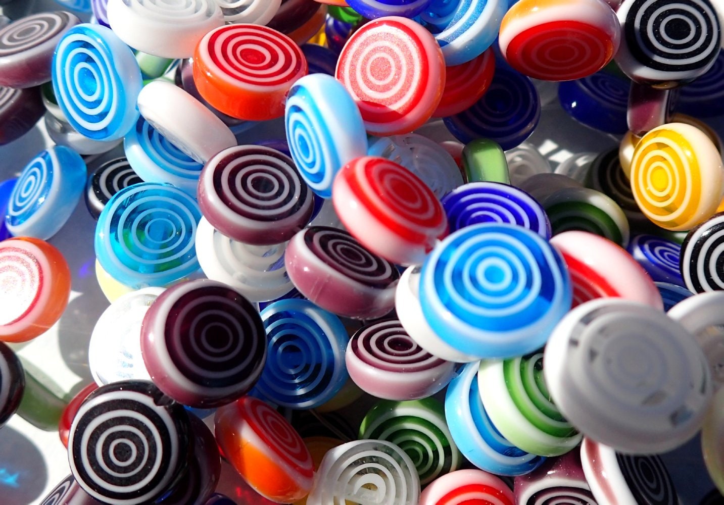 Round Flat Millefiori Glass Beads - Assorted Colors with White Circles - 12mm Use in Mosaics