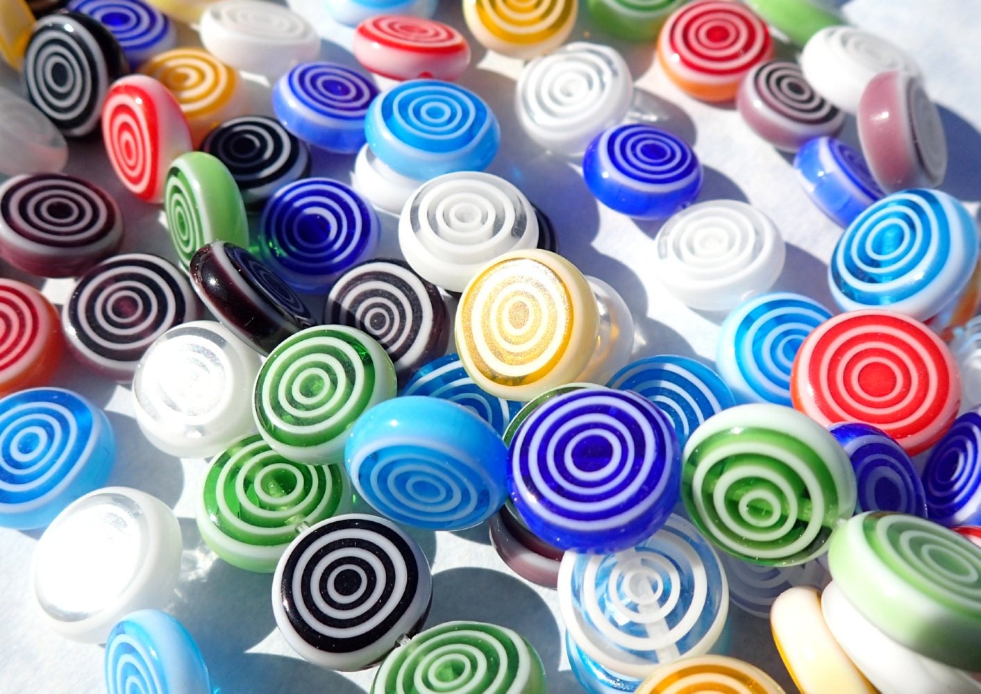 Round Flat Millefiori Glass Beads - Assorted Colors with White Circles - 12mm Use in Mosaics