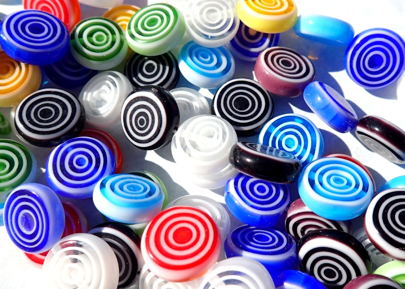 Round Flat Millefiori Glass Beads - Assorted Colors with White Circles - 12mm Use in Mosaics