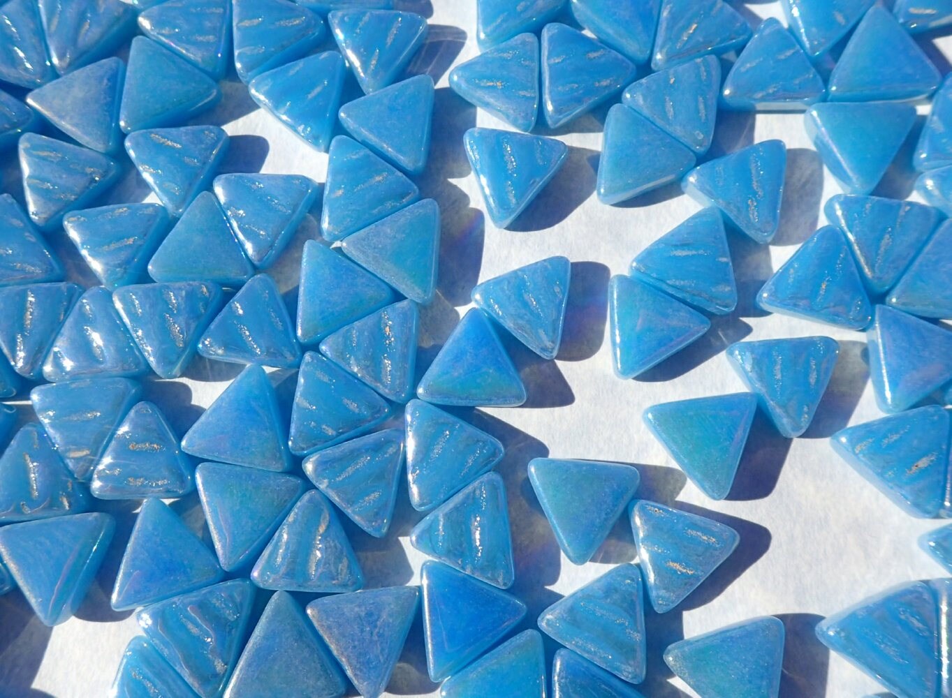 Small Blue Triangle Iridescent Glass Mosaic Tiles - 10mm - 50g in Dusk Blue - Approx 70 Tiles