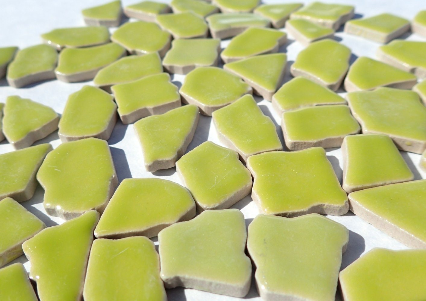 Kiwi Green Mosaic Ceramic Tiles - Jigsaw Puzzle Shaped Pieces - Half Pound - Assorted Sizes Random Shapes