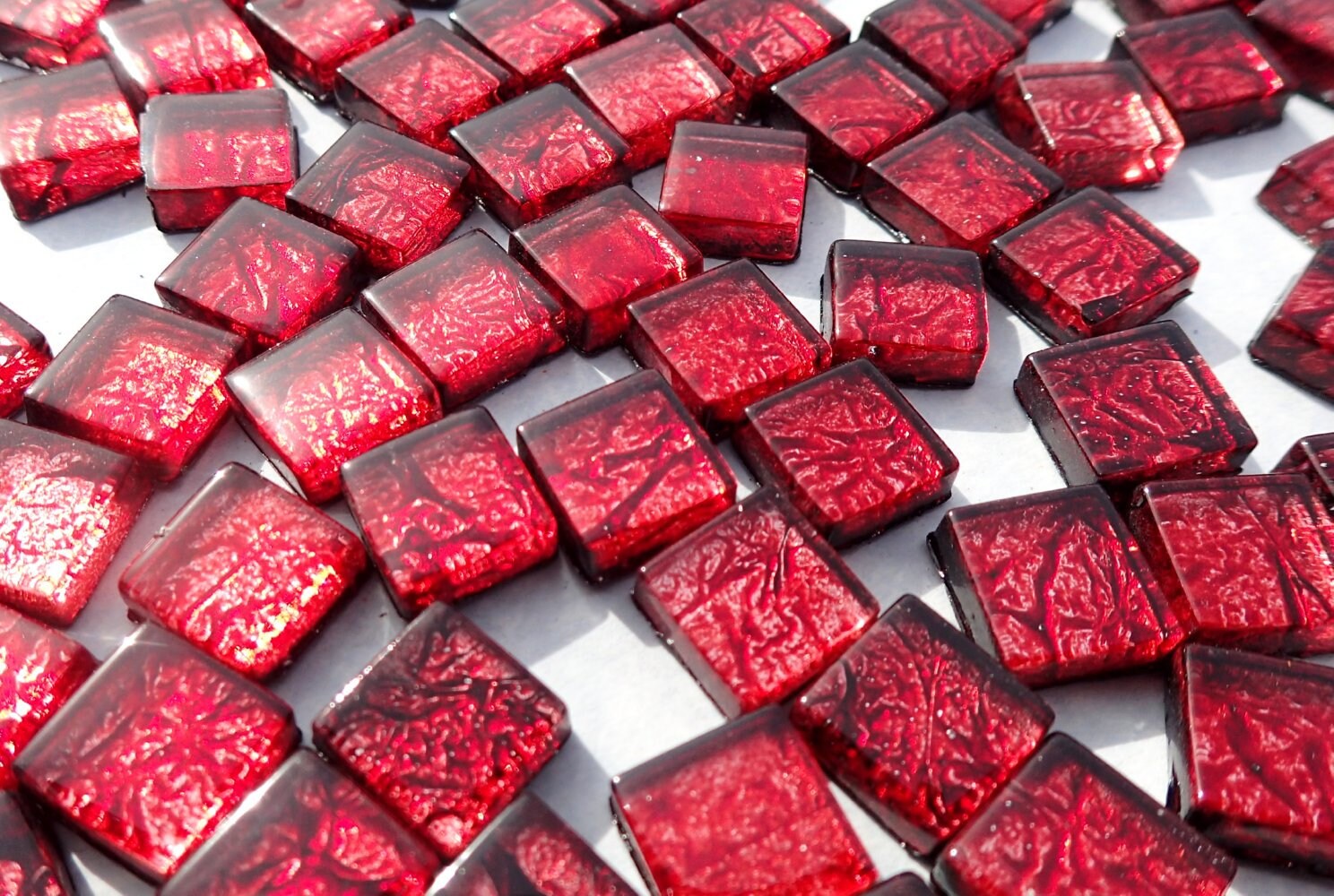 Red Foil Mini Square Crystal Tiles - 10mm - 50g Metallic Glass Tiles in Garnet - Approx 50 Tiles
