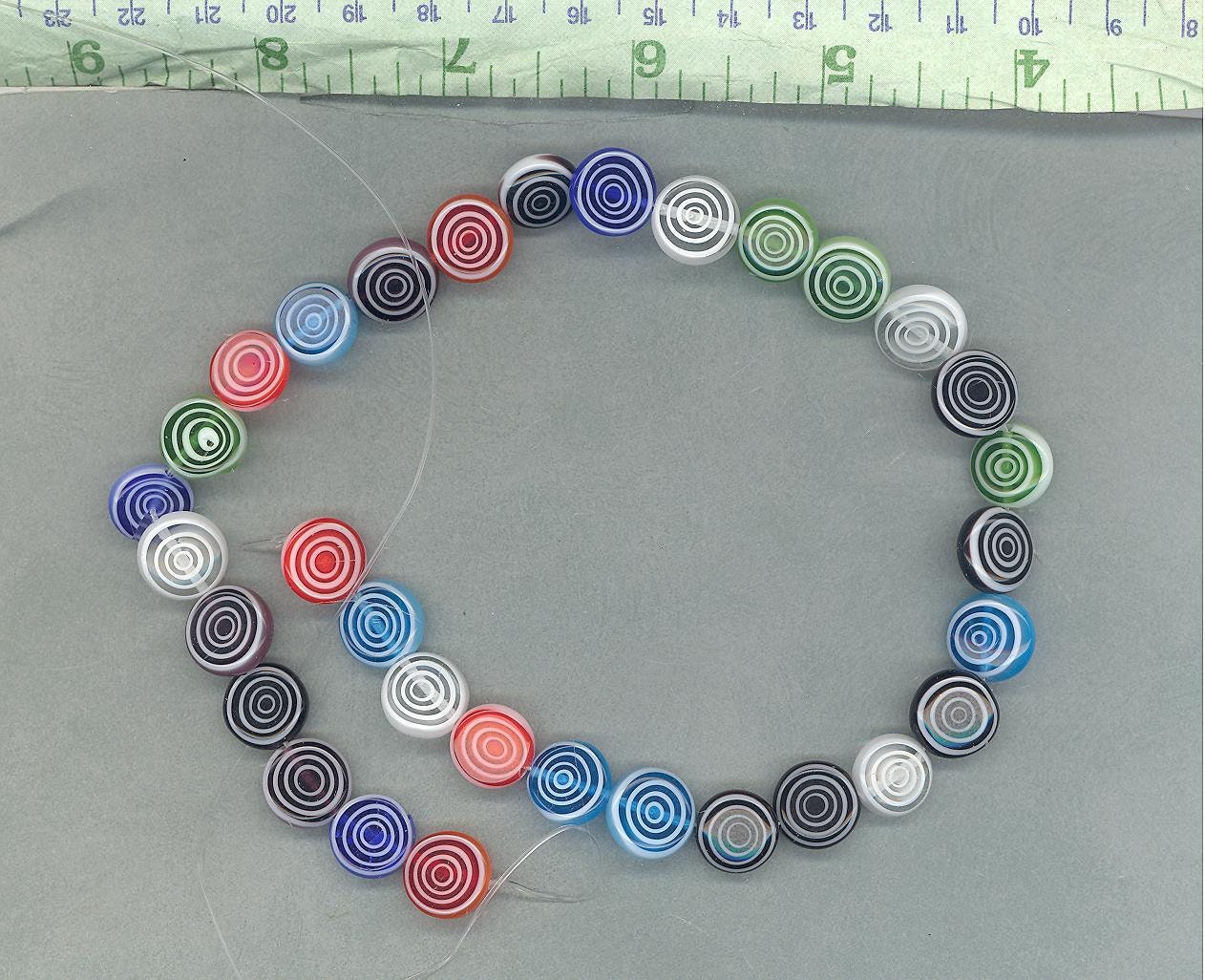 Round Flat Millefiori Glass Beads - Assorted Colors with White Circles - 12mm Use in Mosaics