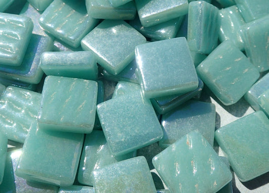Light Teal Iridescent Glass Square Mosaic Tiles - 12mm - Opaque Glass Solid Color - 50g - Approx 35 Tiles