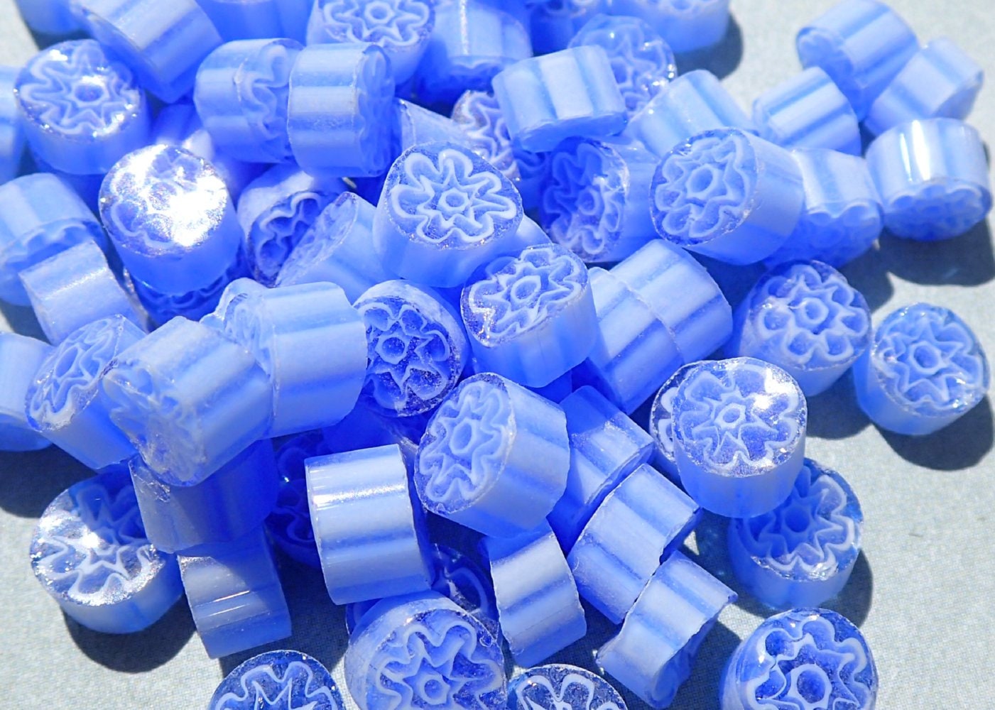 White Flowers in Blue Periwinkle Millefiori - 25 grams - Glass Tiles - Floral Pattern