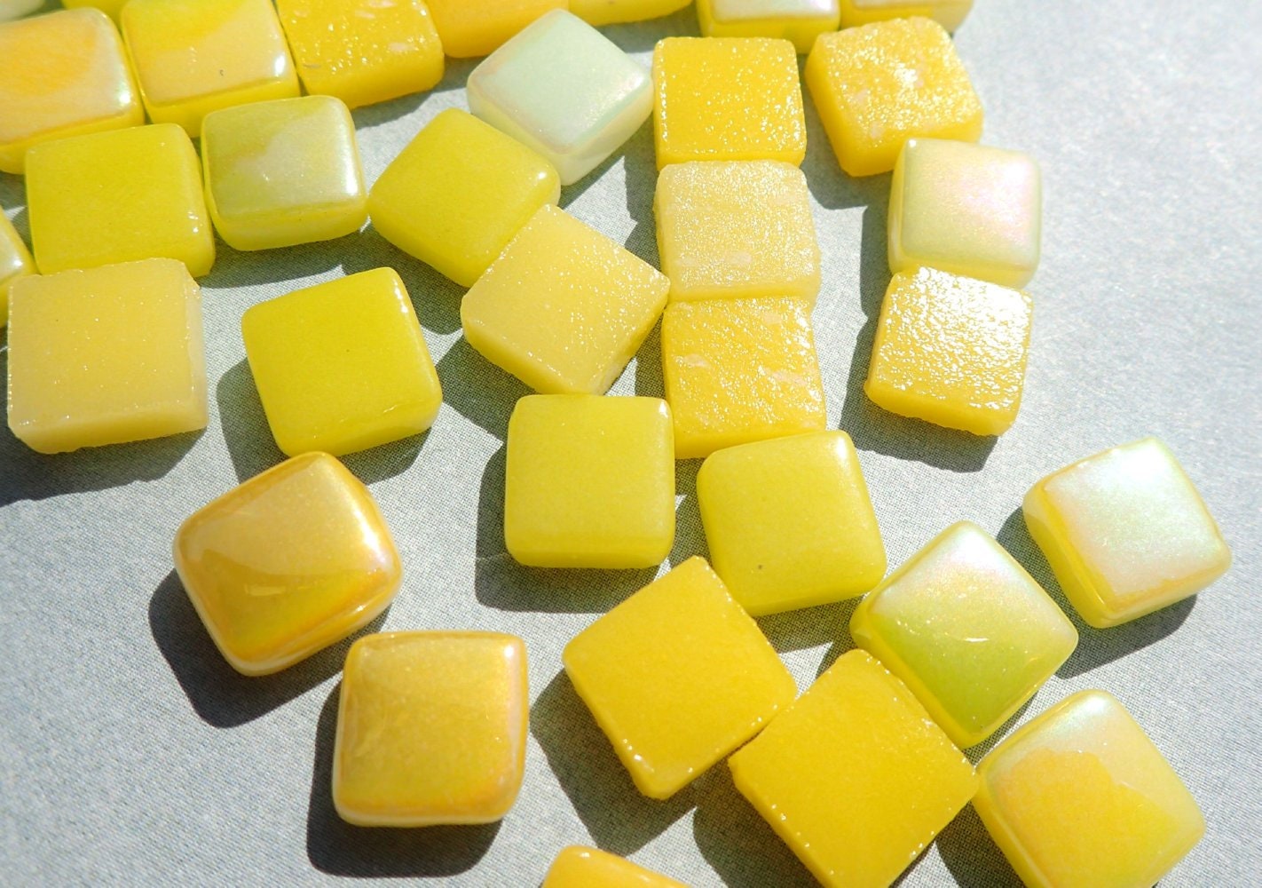 Ripe Lemons Mix Mini Glass Tiles - 8mm Square - 50 grams Opaque Glass Solid Color Mix of Bright and Pale Yellow Iridescent and Matte Tiles