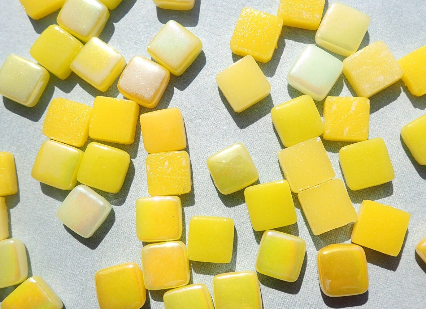 Ripe Lemons Mix Mini Glass Tiles - 8mm Square - 50 grams Opaque Glass Solid Color Mix of Bright and Pale Yellow Iridescent and Matte Tiles