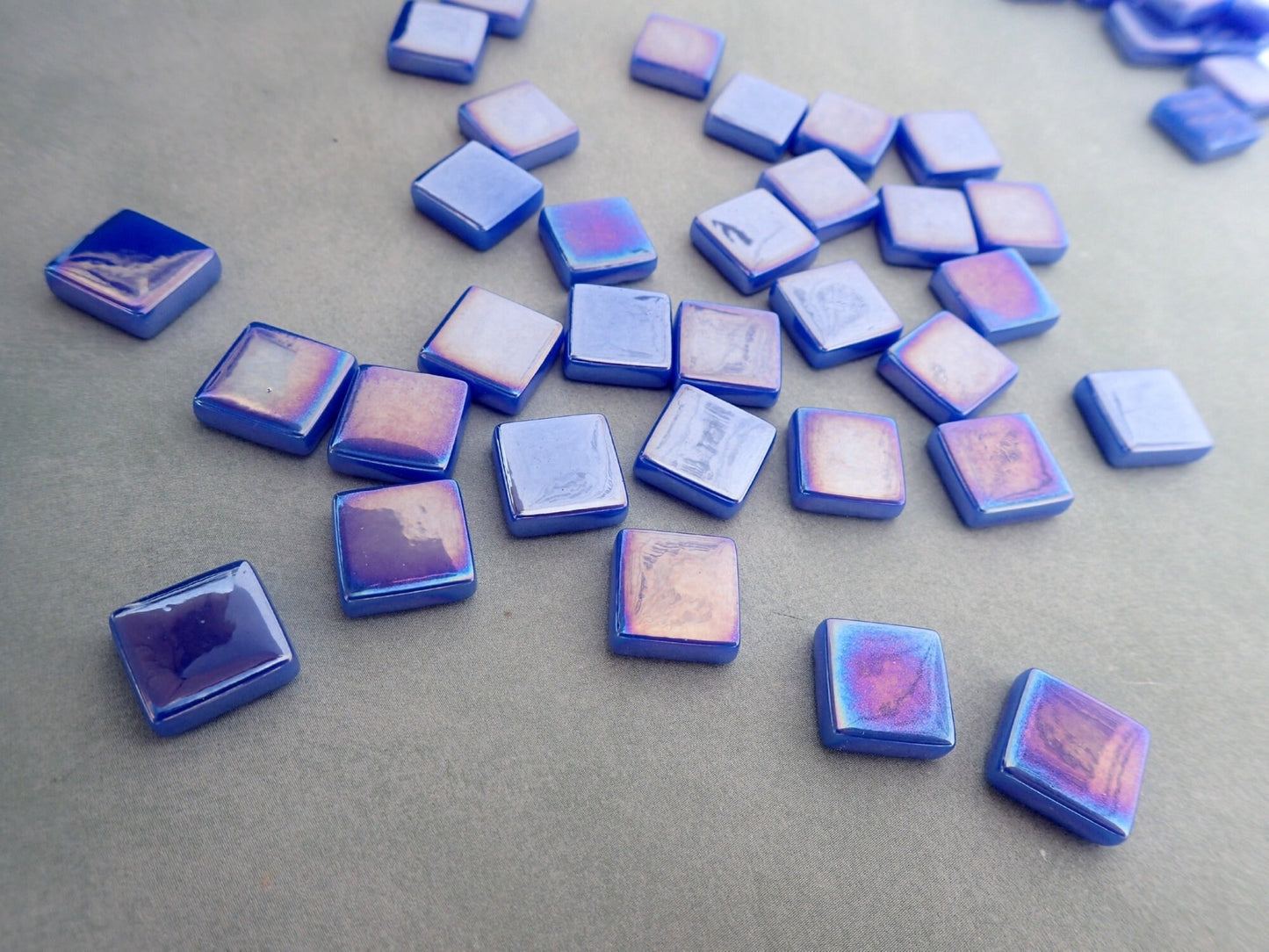 Brilliant Blue Iridescent Glass Square Mosaic Tiles - 50g of 12mm Squares in Dark Royal Blue - Approx 35 Tiles