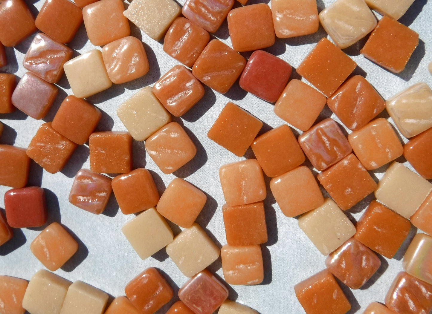 Caramel Mix Mini Glass Tiles - 8mm Square - 50 grams Opaque Glass Solid Color Mix of Bright and Pale Brown Iridescent and Matte Tiles