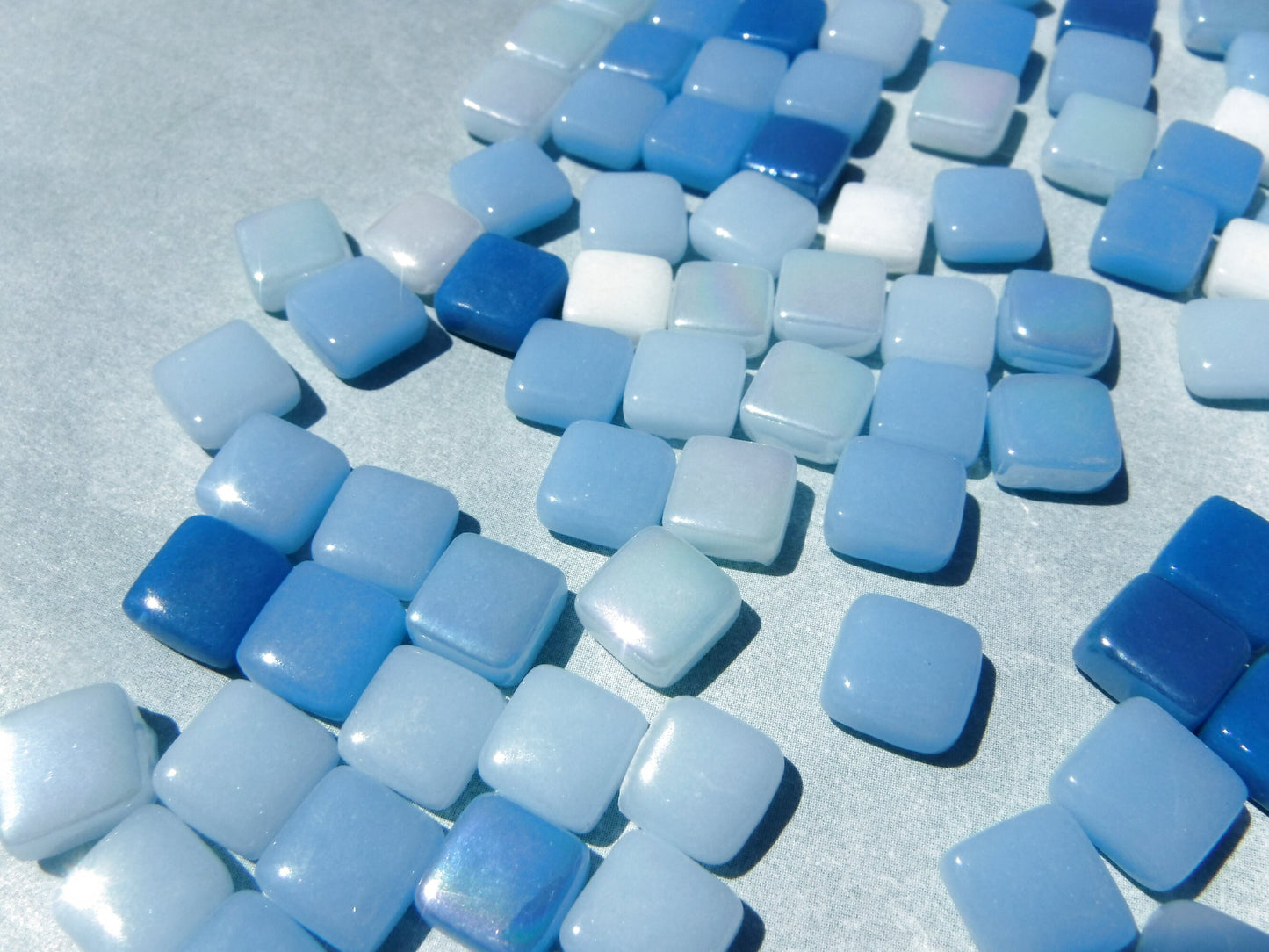 Blue Water Mix Mini Glass Tiles - 8mm Square - 50 grams Opaque Glass Solid Color Mix of Bright and Pale Iridescent and Matte Tiles