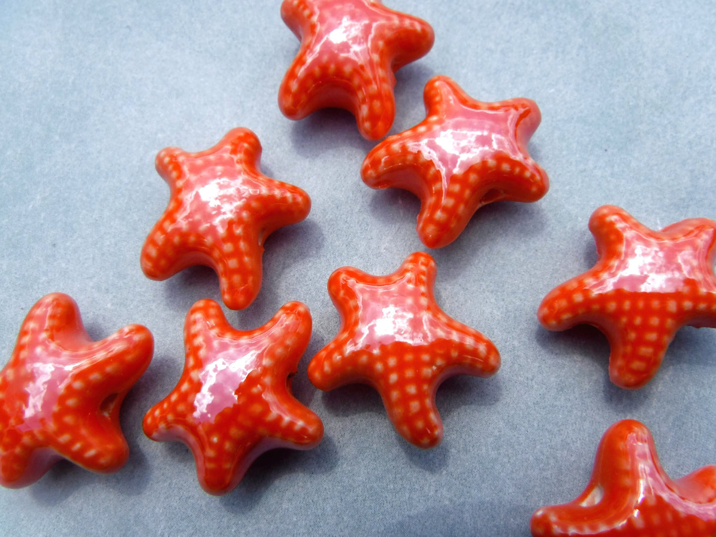 Orange Starfish Beads - Ceramic Mosaic Tiles - 10 Puffy Sea Stars - Jewelry Supplies