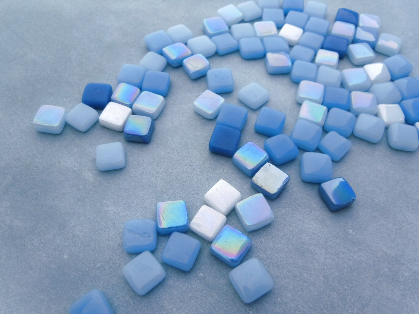 Blue Water Mix Mini Glass Tiles - 8mm Square - 50 grams Opaque Glass Solid Color Mix of Bright and Pale Iridescent and Matte Tiles