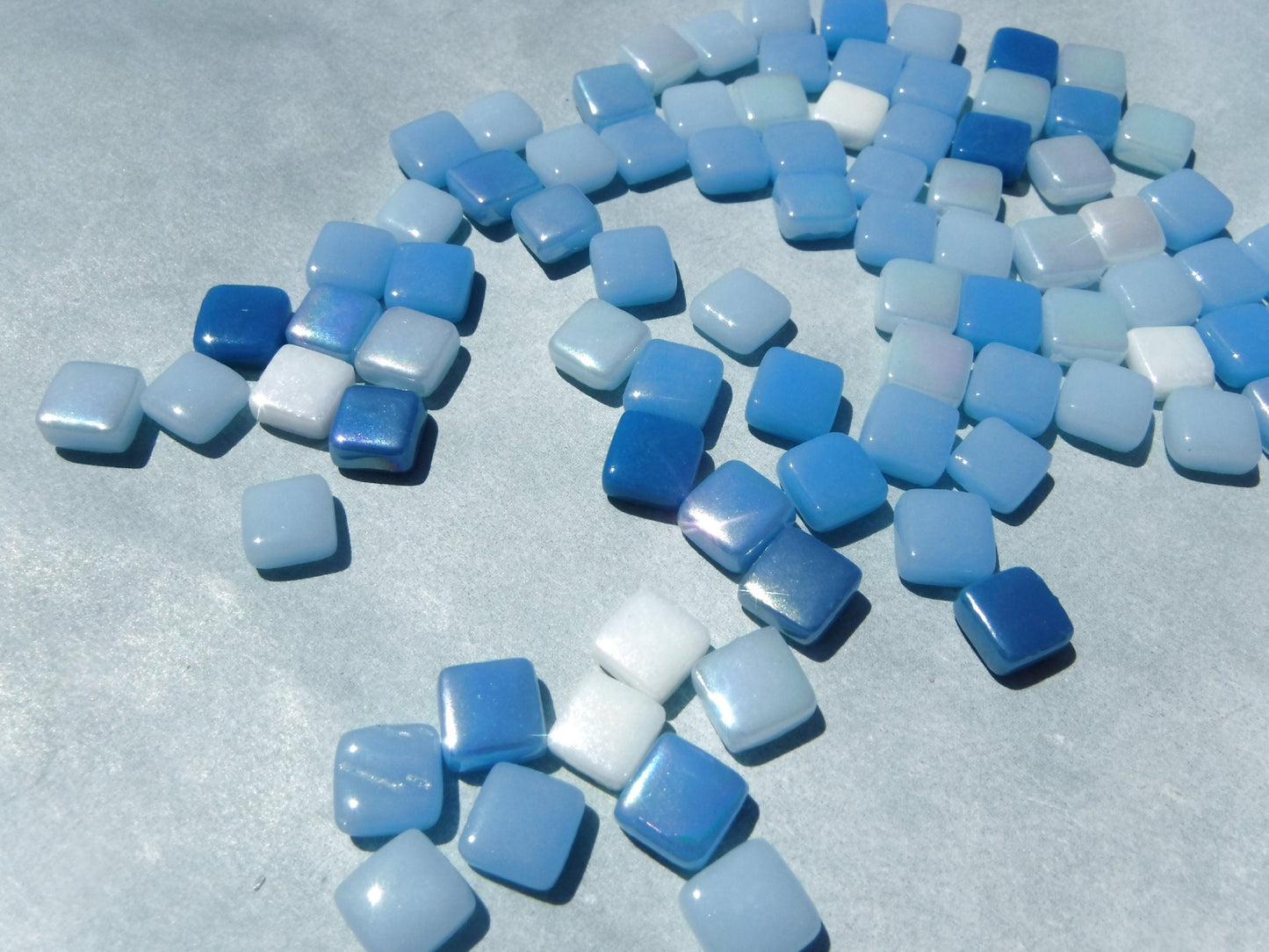 Blue Water Mix Mini Glass Tiles - 8mm Square - 50 grams Opaque Glass Solid Color Mix of Bright and Pale Iridescent and Matte Tiles