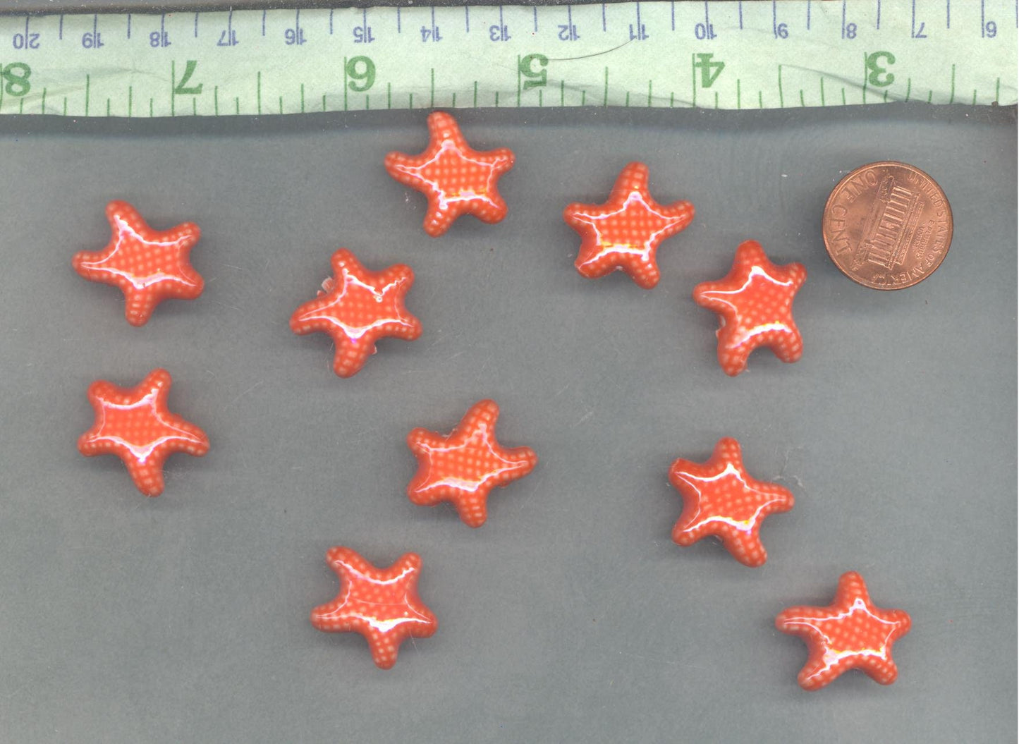 Orange Starfish Beads - Ceramic Mosaic Tiles - 10 Puffy Sea Stars - Jewelry Supplies