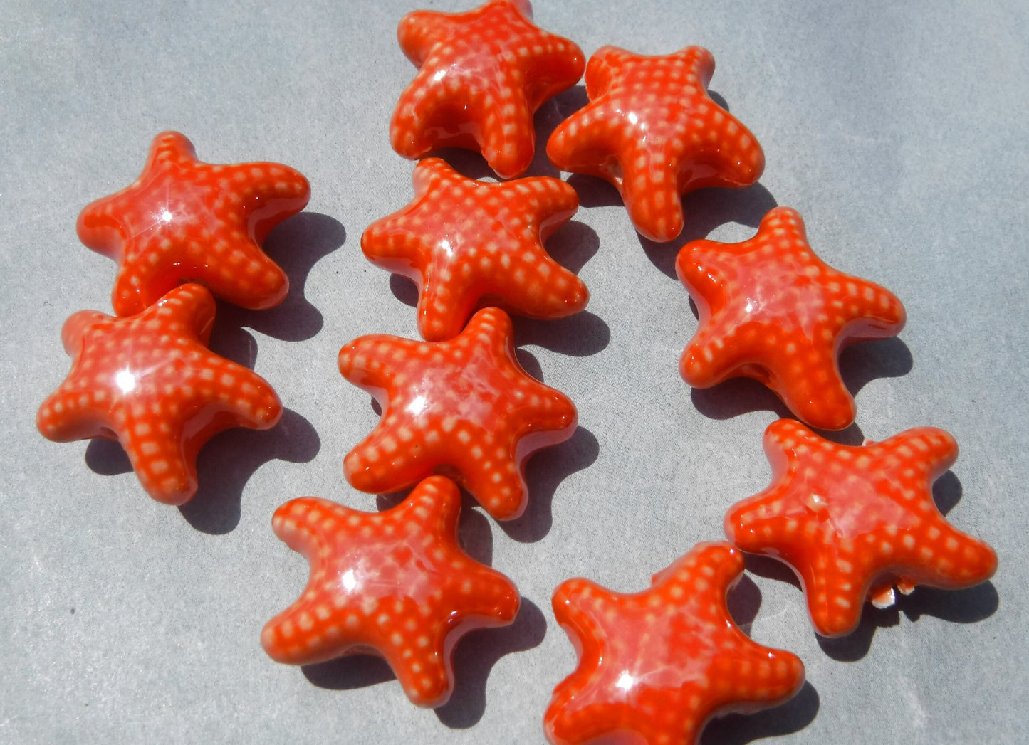 Orange Starfish Beads - Ceramic Mosaic Tiles - 10 Puffy Sea Stars - Jewelry Supplies