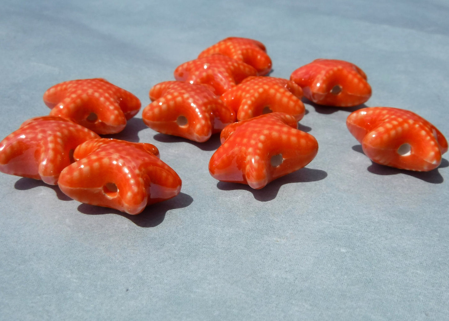 Orange Starfish Beads - Ceramic Mosaic Tiles - 10 Puffy Sea Stars - Jewelry Supplies