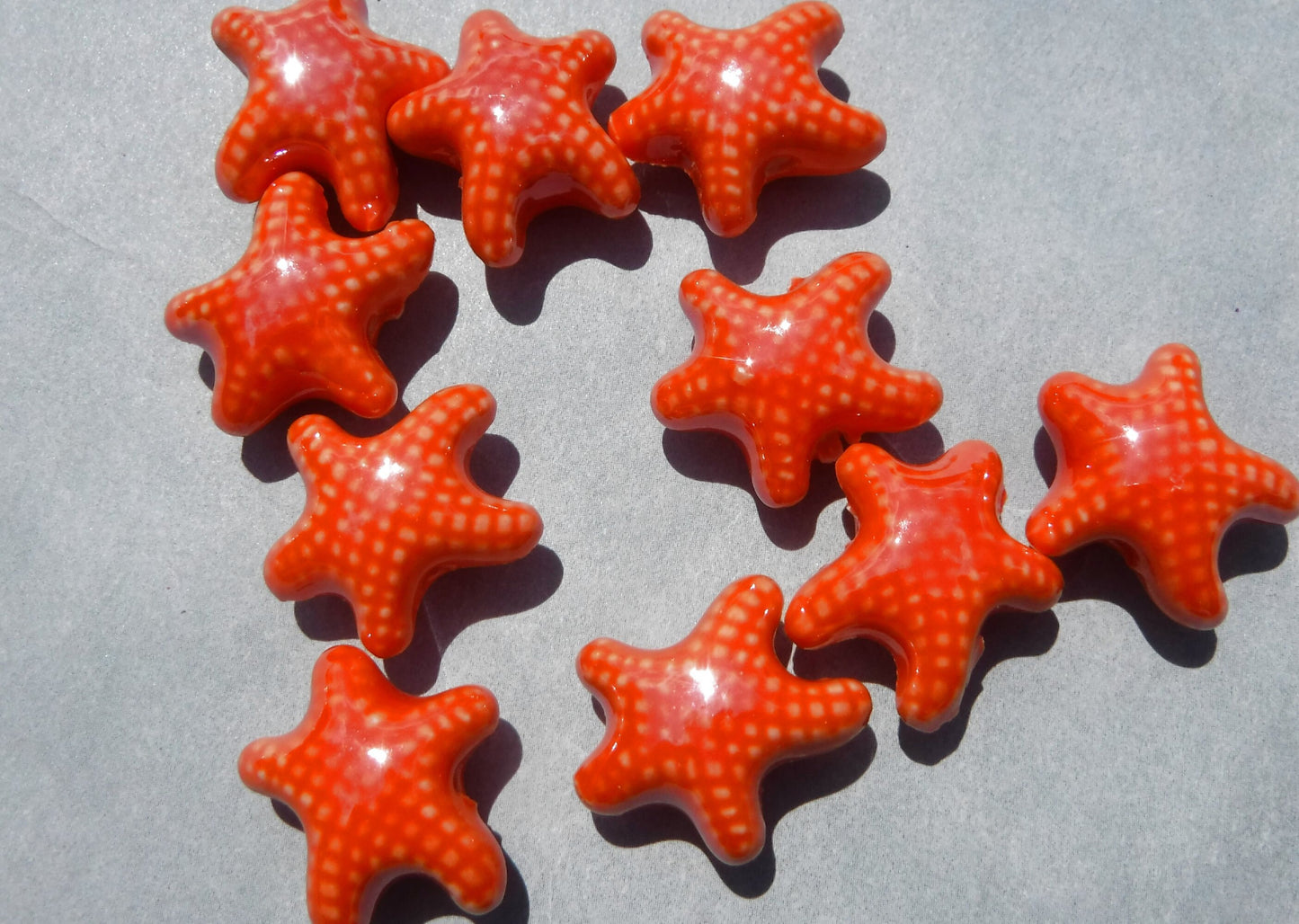 Orange Starfish Beads - Ceramic Mosaic Tiles - 10 Puffy Sea Stars - Jewelry Supplies