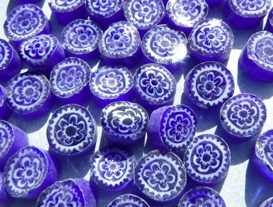 White Flowers in Deep Blue Millefiori - 25 grams - Unique Mosaic Glass Tiles - Floral Pattern