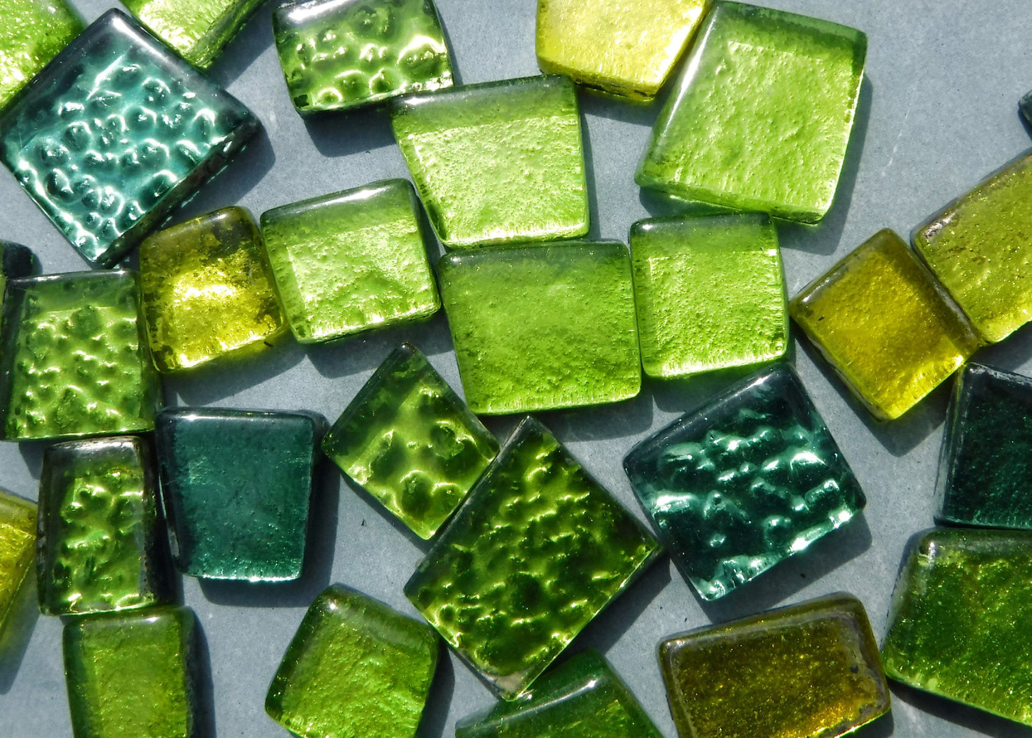 Green and Yellow Glass Tiles - Metallic Foil - Assorted Shapes - 50 grams Mosaic Tiles - Pandora Green