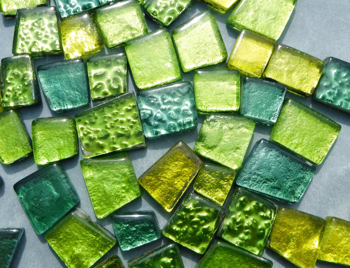 Green and Yellow Glass Tiles - Metallic Foil - Assorted Shapes - 50 grams Mosaic Tiles - Pandora Green