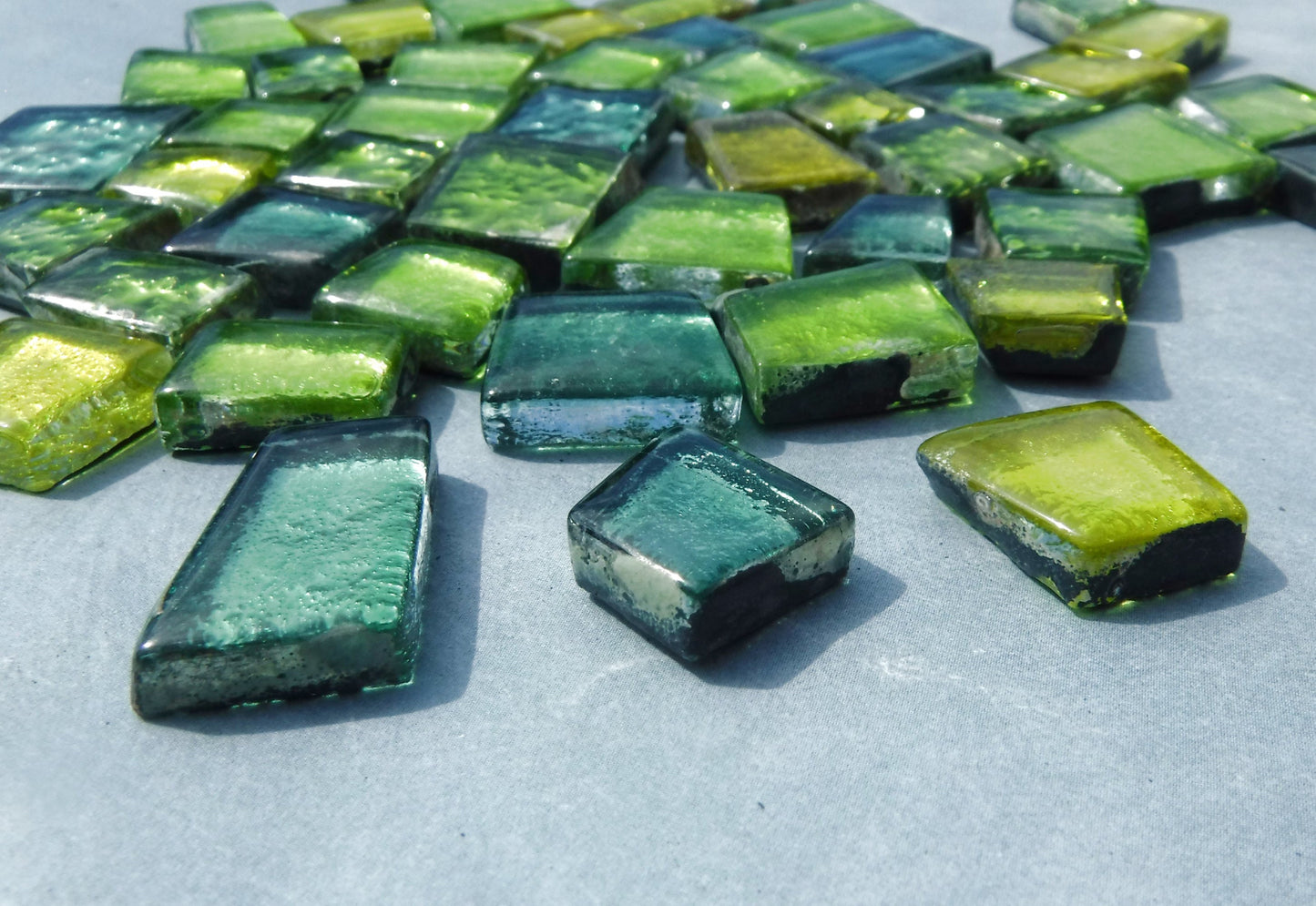 Green and Yellow Glass Tiles - Metallic Foil - Assorted Shapes - 50 grams Mosaic Tiles - Pandora Green