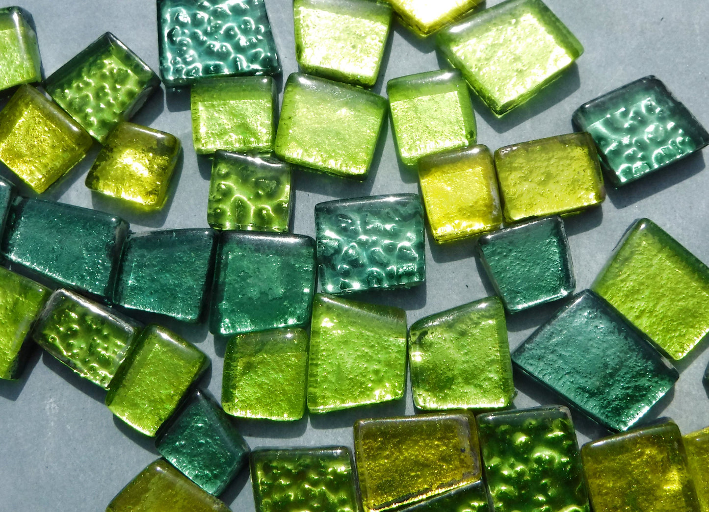 Green and Yellow Glass Tiles - Metallic Foil - Assorted Shapes - 50 grams Mosaic Tiles - Pandora Green