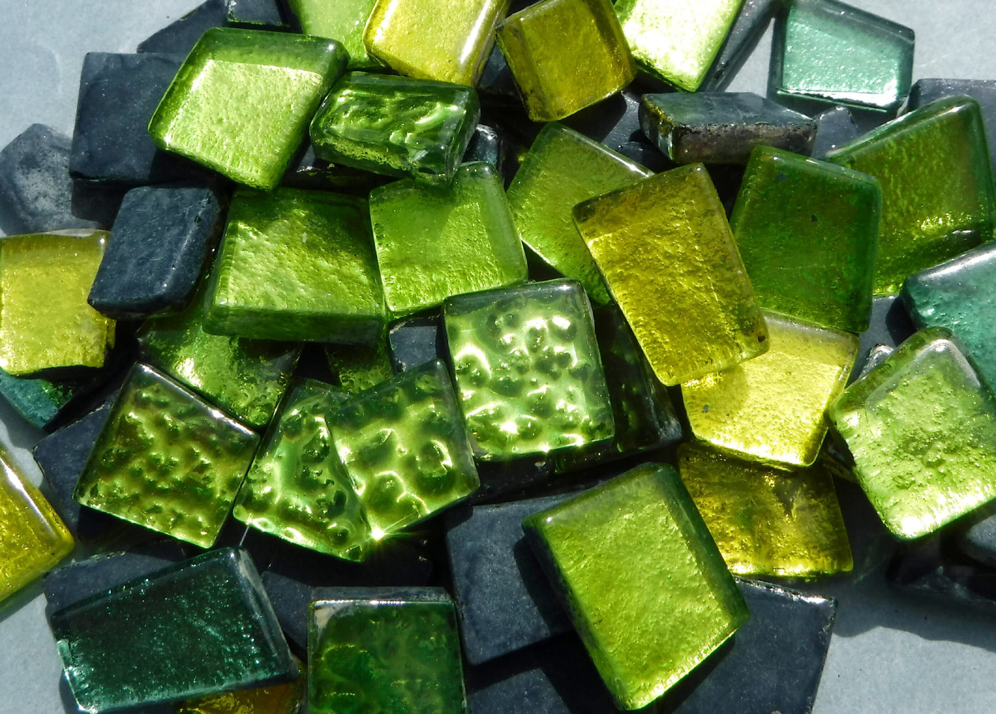 Green and Yellow Glass Tiles - Metallic Foil - Assorted Shapes - 50 grams Mosaic Tiles - Pandora Green