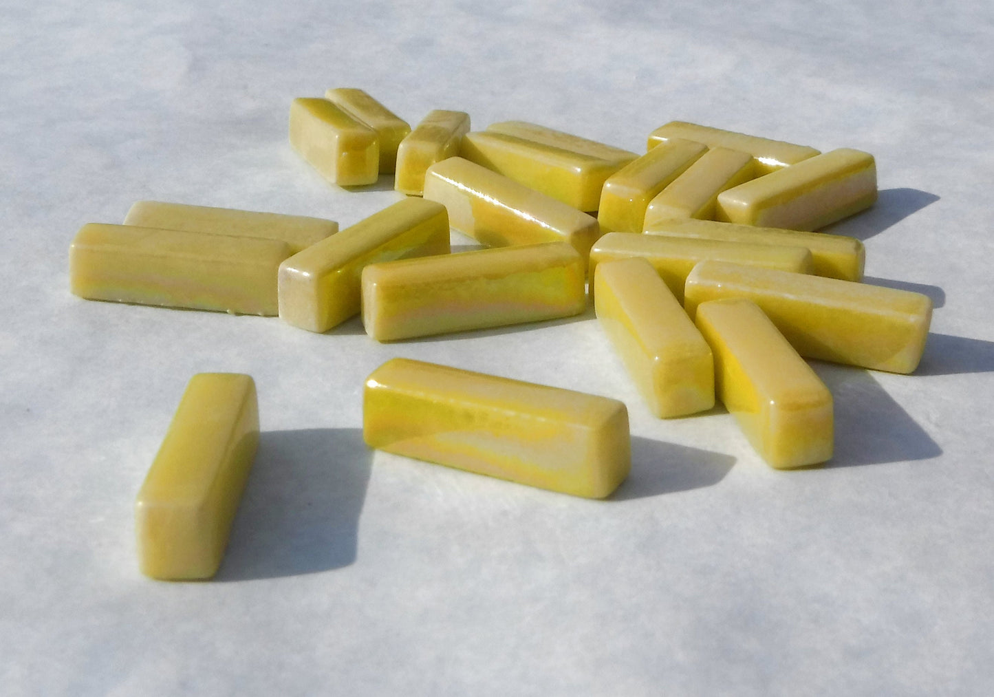 Yellow Iridescent Rectangle Mosaic Tiles - 20mm Sticks - 50g Glass Bar Tiles - Approx 40 Tiles