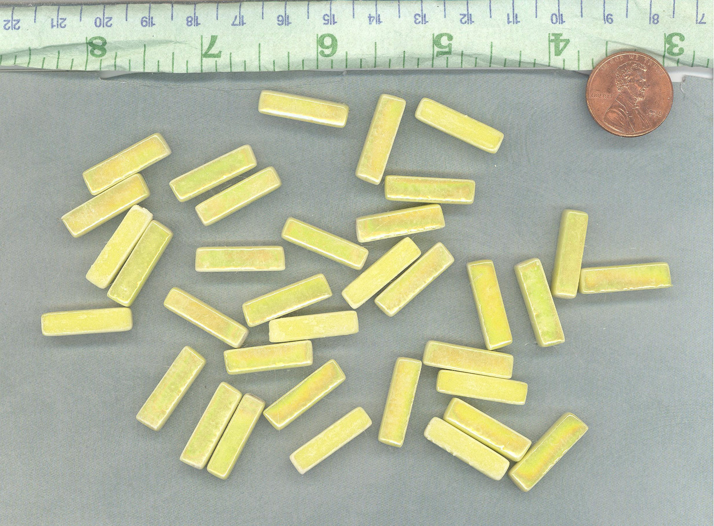 Yellow Iridescent Rectangle Mosaic Tiles - 20mm Sticks - 50g Glass Bar Tiles - Approx 40 Tiles