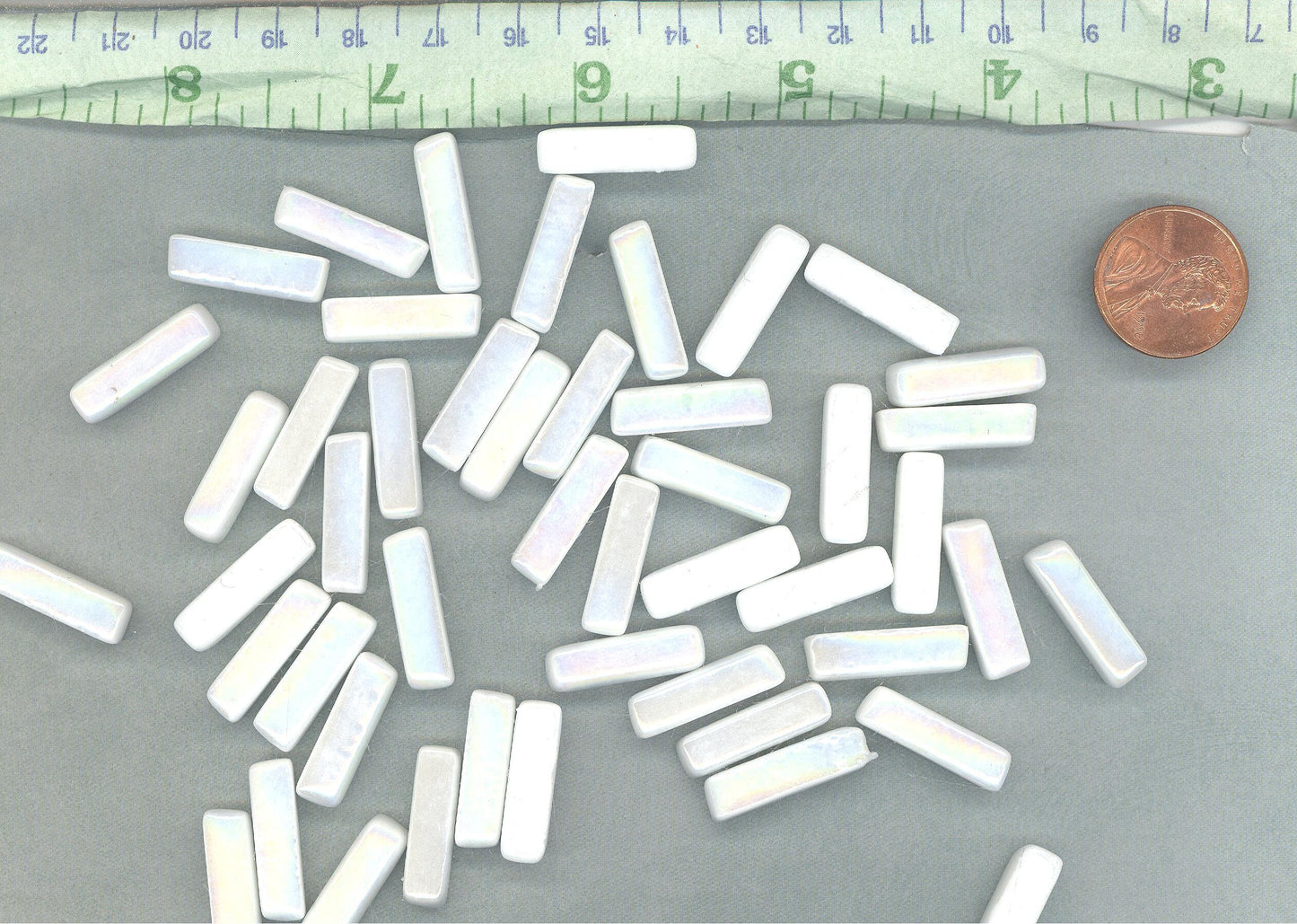 White Iridescent Rectangle Mosaic Tiles - 20mm Sticks - 50g Glass Bar Tiles - Approx 40 Tiles