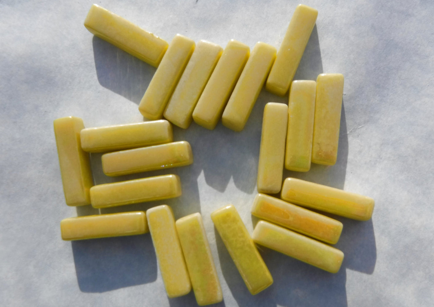 Yellow Iridescent Rectangle Mosaic Tiles - 20mm Sticks - 50g Glass Bar Tiles - Approx 40 Tiles