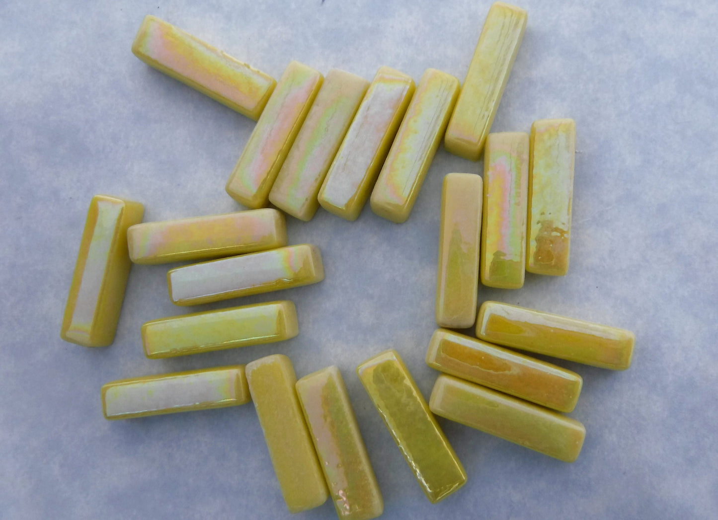 Yellow Iridescent Rectangle Mosaic Tiles - 20mm Sticks - 50g Glass Bar Tiles - Approx 40 Tiles