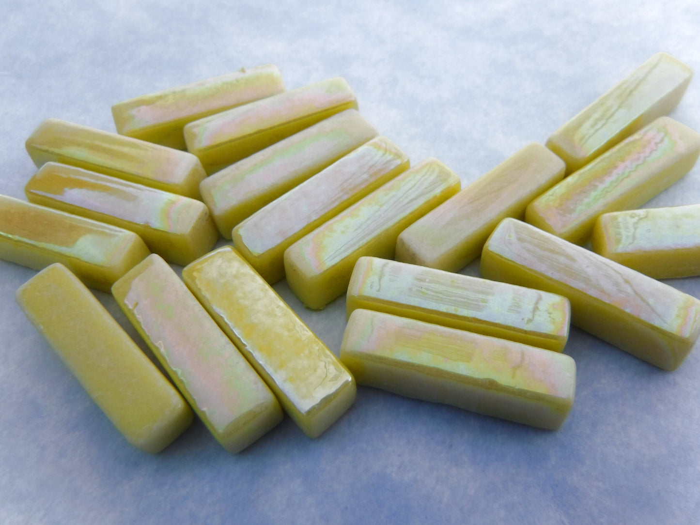 Yellow Iridescent Rectangle Mosaic Tiles - 20mm Sticks - 50g Glass Bar Tiles - Approx 40 Tiles