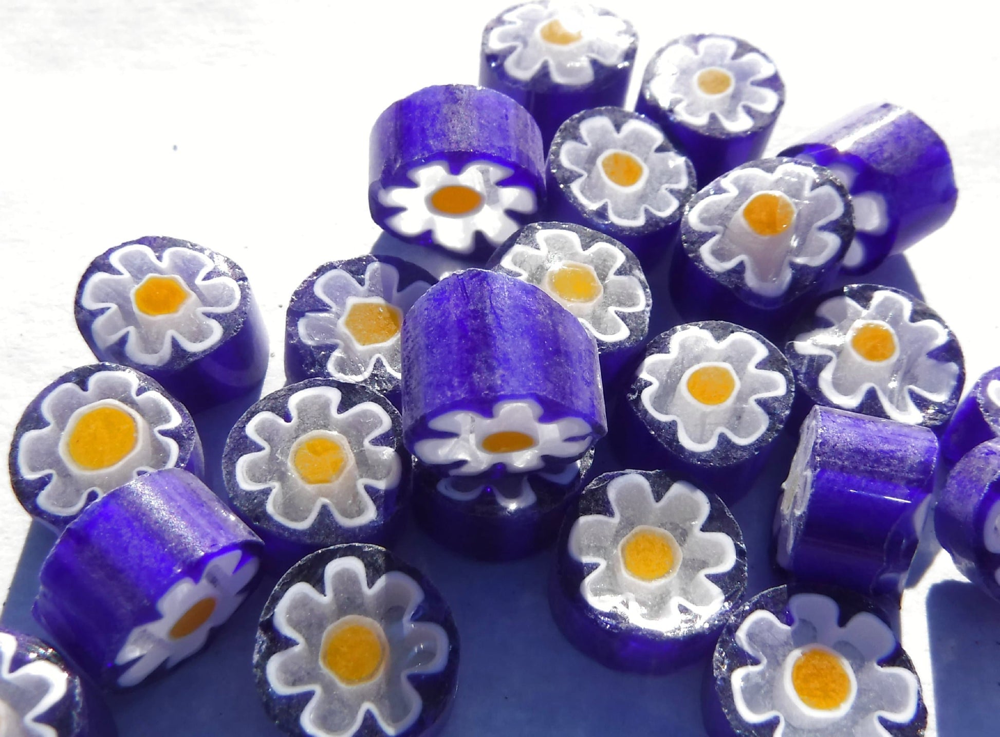 White Daisy in Bright Blue Millefiori - 25 grams - Glass Tiles - Floral Pattern