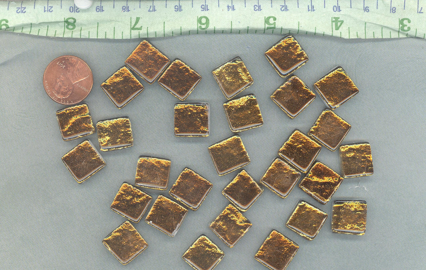 Warm Brass Metallic Foil Glass Tiles - 12mm - 50g - Approx 25 Dark Gold Squares