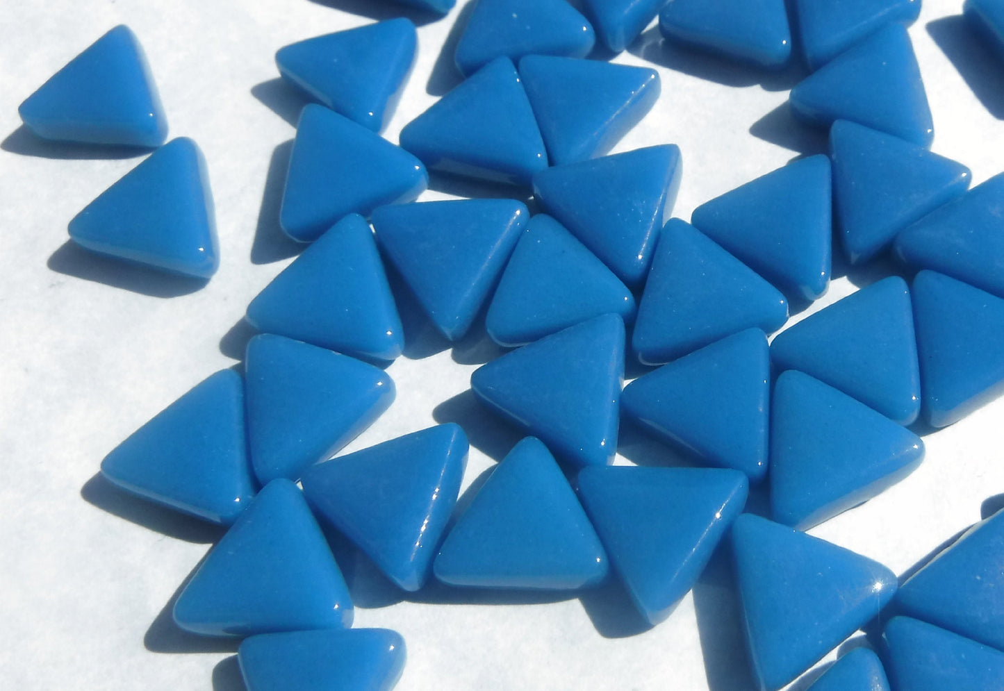 Dark Lake Blue Triangle Glass Mosaic Tiles - 10mm - Opaque Glass Solid Color - 50g of Triangles - Approx 70 Tiles