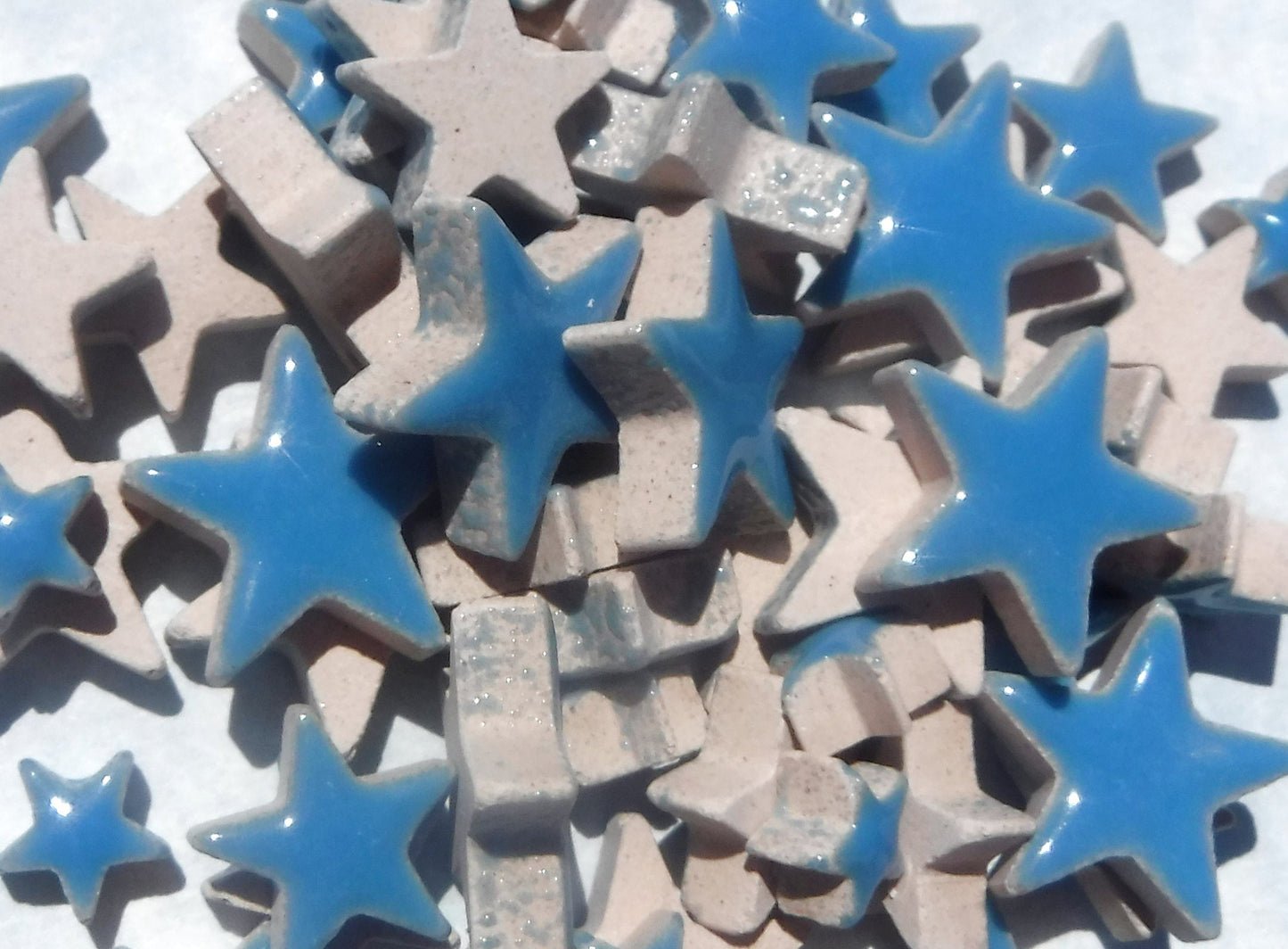 Mediterranean Blue Stars Mosaic Tiles - 50g Ceramic in Mix of 3 Sizes - 20mm, 15mm, 10mm - Thalo Blue
