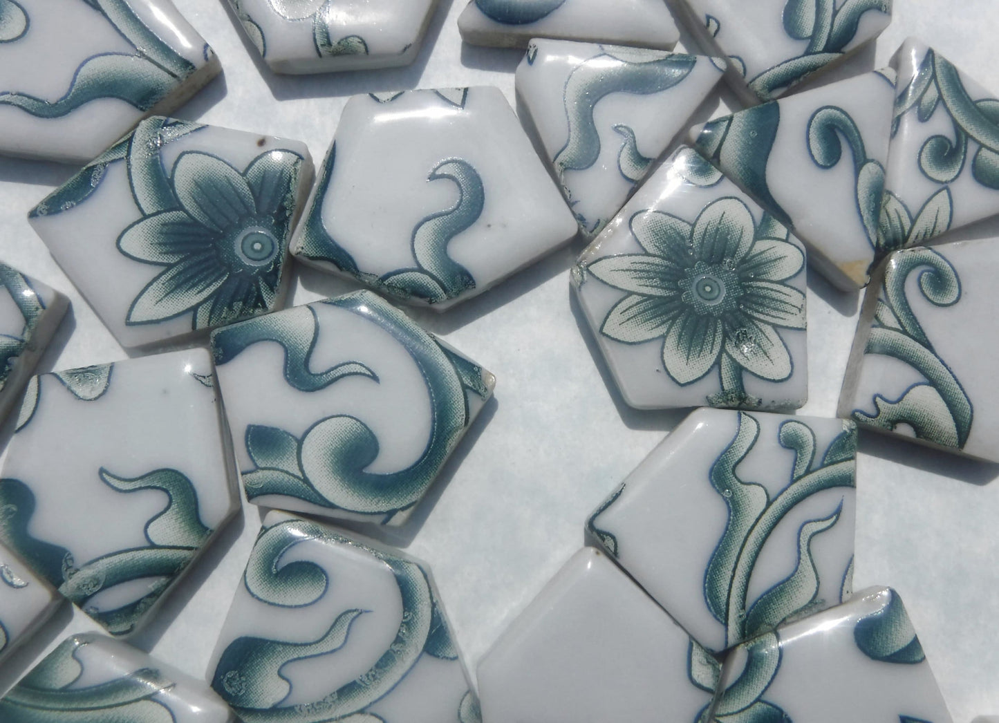 Green and White Flowering Vines - Chunky Mosaic Tiles - Half Pound Porcelain