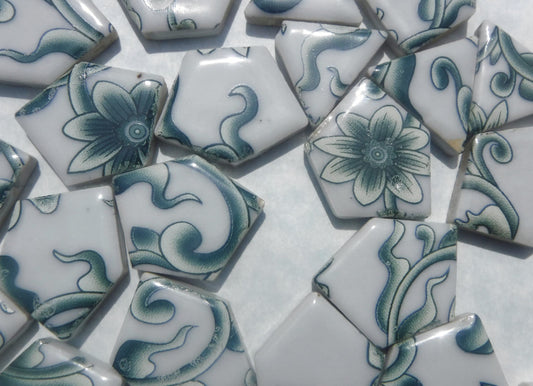 Green and White Flowering Vines - Chunky Mosaic Tiles - Half Pound Porcelain