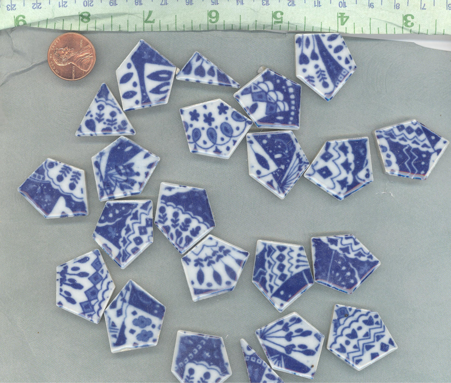White Decorative Details on Deep Blue Chunky Porcelain Mosaic Tiles - Half Pound