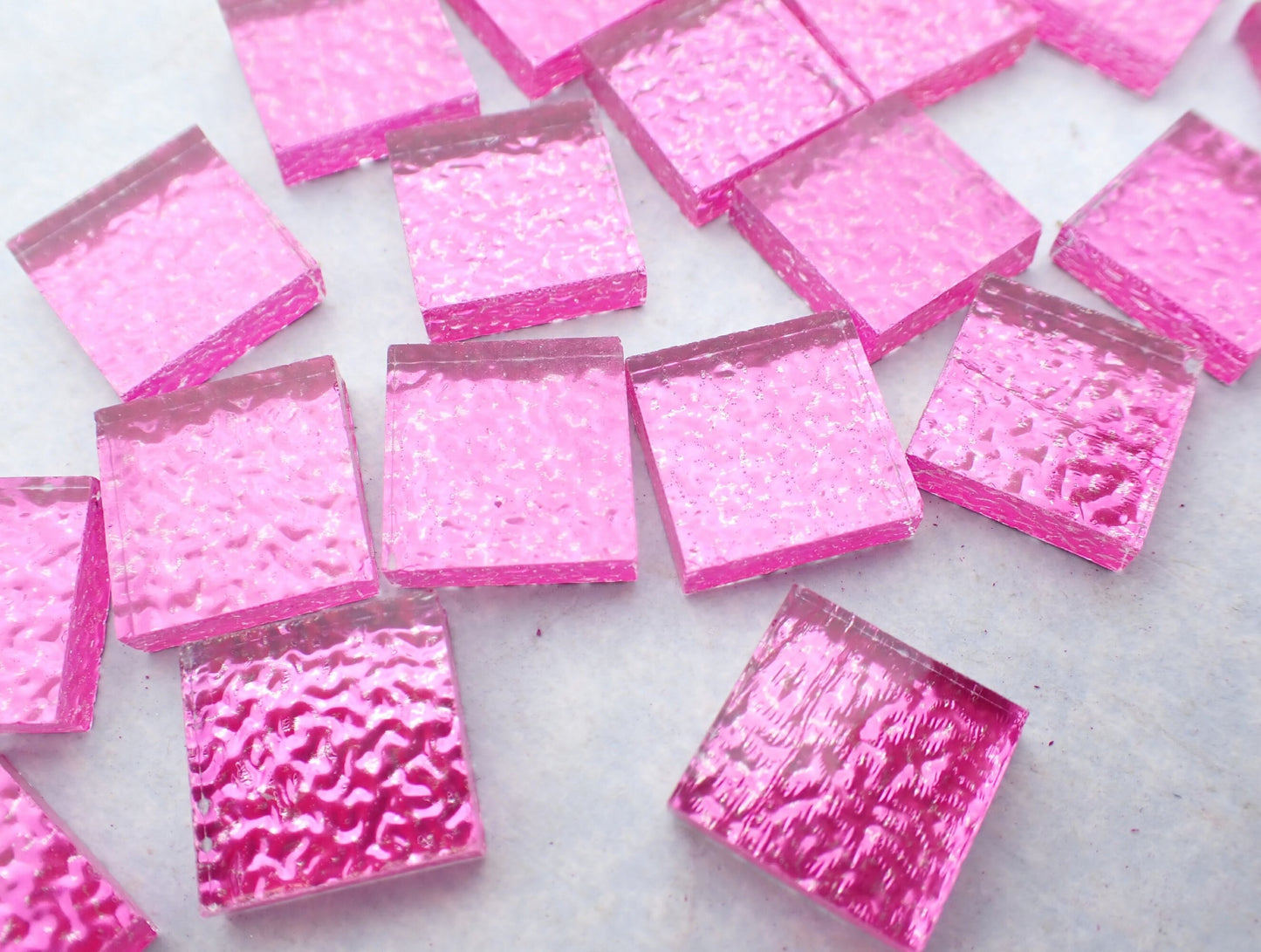 Fuchsia Textured Mirror Square Tiles - 50g - Approx 25 Glass Mosaic Tiles - 15mm