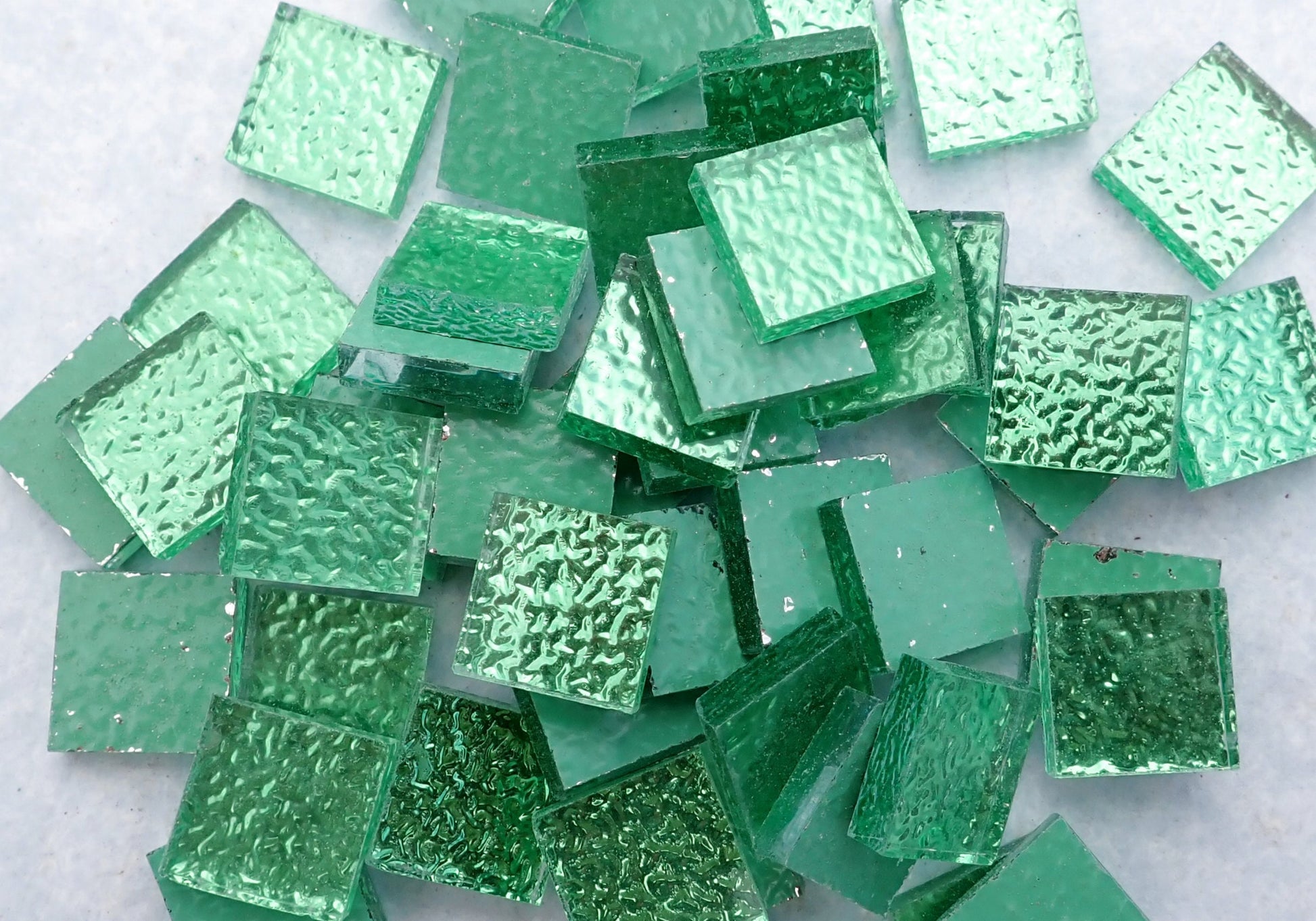 Green Textured Mirror Square Tiles - 50g - Approx 25 Glass Mosaic Tiles - 15mm