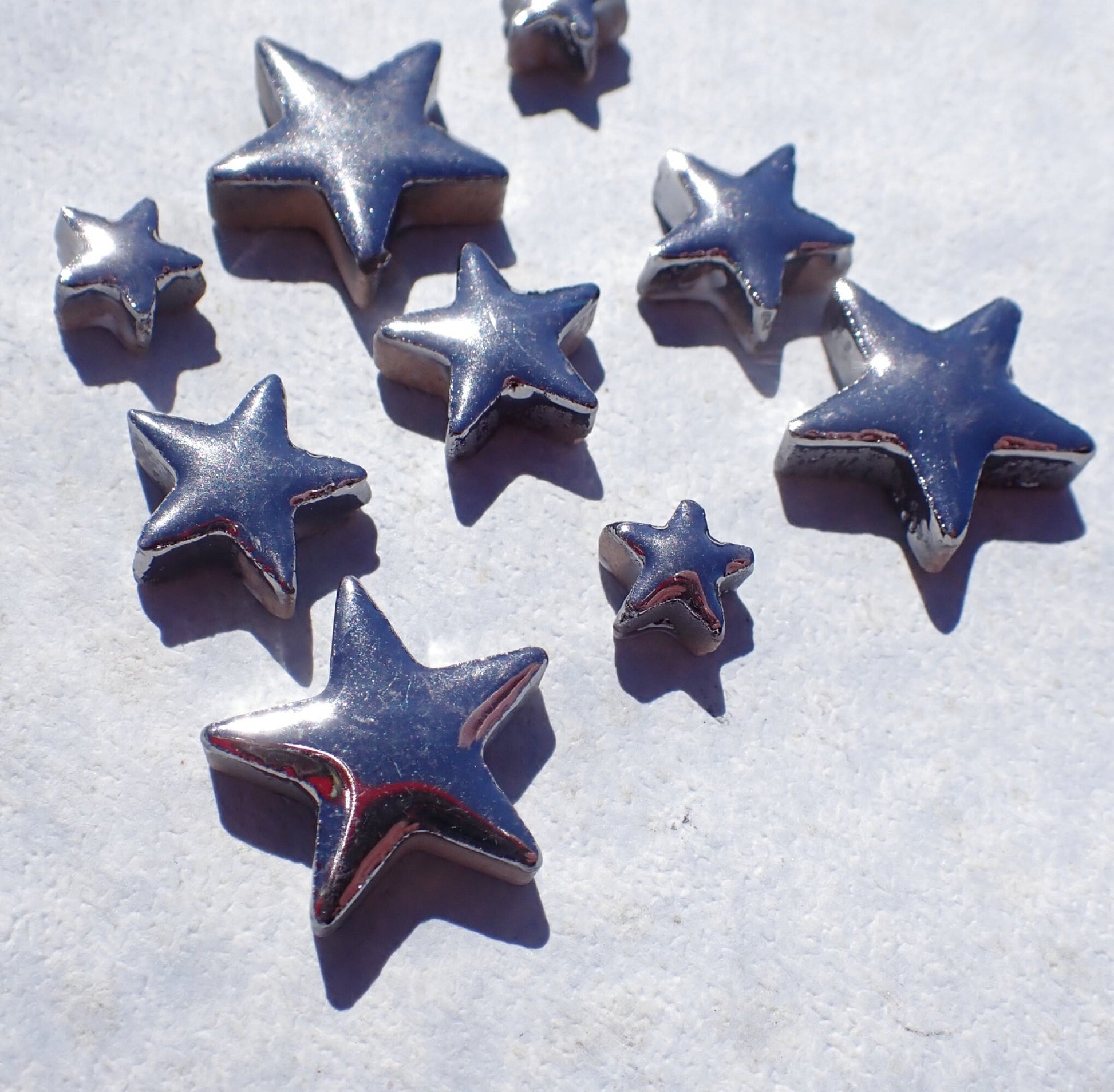 Silver Stars Mosaic Tiles - 50g Ceramic in Mix of 3 Sizes - 20mm, 15mm, 10mm